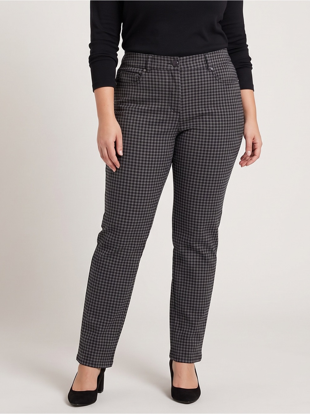 Gloria Vanderbilt Black and Gray Checked Stretch Chinos